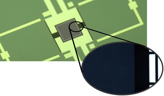 Perforiertes MEMS-Element zur Messung der Ionenwinkel- und Ionenenergieverteilungsfunktion. Im Durchlicht sind die Löcher zur Selektion des Ionenwinkels sichtbar (Lochdurchmesser 1µm, Lochtiefe 30µm).